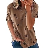 DOMBX Damen Sommer übergroße Kurzarm Rundhals Sterne Bedruckt Seitenschlitz T-Shirts Tunikan Tops Frauen Lässig Mode Große Größe Baumwolle Leinen Patchwork Elegant Bequem Hemd Bluse Oberteile S