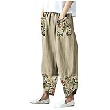 JIEYONG Damen Leinen Weite Hose Casual Patchwark Elastischer Bund H