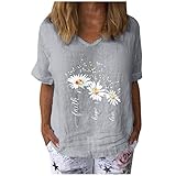 Damen Bluse Tops Casual Print Baumwolle und Leinen O-Ausschnitt Kurze Ärmel Übergröße T-Shirt Sommer Damen Elegant Vintage Print Tops Täglich All Match Klassischer Pullover Baggy T Shirt, grau, M