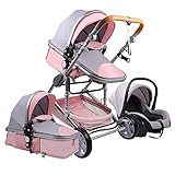 3 in 1 Buggy 3 in 1 Kinderwagen Royal Luxury High Landscape Faltbarer Kinderwagen mit Geschenken Baby Neugeborenenwagen Tragbarer Reise-Kinderwagen (Grau Rosa)