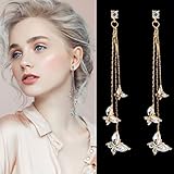 CaCaCook Kristall Schmetterling Quasten Ohrringe, Lange Schmetterlings-Ohrhänger, Baumeln Tropfenohrring, Strass Schmetterling Ohrringe Schmuck für Mädchen F