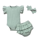 Mädchenbekleidung O Neck Ruffle Rippen Solid Color Romper Shorts Hairband 3PCS Set (Green, 12-18 Months)