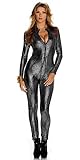 BROWOL Sexy Damen Katzenkostüm Schlangenhaut Streifen Club DS Lack Club Anzug, enge Kleidung,Schlangenhaut-Overalls Catwoman Kostüm Overallkostüm Ganzanzug Party Kleidung (Silber, XL)
