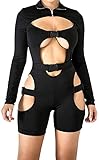 Eghunooye Damen Jumpsuit Overall Kurz Hollow Out Hosenanzug mit Schnalle Langarm Bodysuit Bodycon Trikot Short Overall Playsuit S M L XL (Schwarz, S)