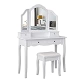 Meerveil Schminktisch mit Hocker, Frisierkommode Frisiertisch mit 3 Spiegel, 4 Schubladen, rutschfeste Aufkleber, Weiß