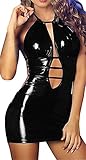 Befox Sexy Wetlook Minikleid Kleid Leder Lack Reizverschluss V-Ausschnitt Stretch Clubwear Fetisch Party D