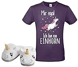 Einhorn Set Unisex T Shirt Lila mit 1 Paar Hausschuhe Unicorn Pantoffeln Geschenkidee T-Shirt Puschen Weihnachten Nikolaus, Größe L, Schuhgröße 36/37