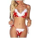 JISHII Weihnachten Dessous-Sets für Damen Rot Pelzig Schleife Lace up Undichte Brust Hosenträger Triangel-Bralette-BH mit 1PC Lace up Niedrige Taille Tief Sitzender String Sexy Erotische Reizw