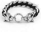 Wikinger Edelstahl vergoldetes Leder geflochtene Wolf Head Fenrir Armband Nordic Odin Celtic Pagan Schmuck Geschenk mit Frühlingsschleifenschnalle (Color : Silver)