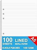 A5 liniertes Nachfüllpapier, 100 Sheets/200 Pages Refill Paper for Large Leather Journal/Filofax Binders, 6 Holes Punched, 100gsm Ruled White Filler Paper,14.8 x 21