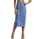 Huaxingda Modischer Stretch Midi Jeansrock Knopfleiste Hohe Taille Denim Rock Geeignet für Dates, Abendessen, Jugendliche, Arbeit, Alltag, F