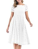 DRESSTELLS Damen Hochzeit Spitzenkleid Elegant Schulterfreier Cocktail Party Ballkleid White L