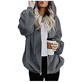 Tekaopuer Herbst Winter Reißverschluss Hoodie Mantel Teddy-Fleece Kapuzenjacke Lose Plüsch Flauschige Hoodies Pullover mit Taschen, Z6-grau, 50