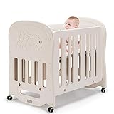 COSTWAY 3 in 1 Babybett & Babywiege & Laufstall mit Schaukelfunktion, Reisebett auf den Rollen, Stubenwagen mit Matratze,beistellbett bis 25kg belastbar, Kinderbett beig