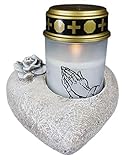 Novaliv Grabschmuck I Herz Rose I Grau I inkl. LED Grablicht weiß I Gedenkkerze Grablaterne Trauerkerze Grabdeko Herz Grab
