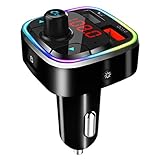 Bluetooth 5.0 Auto FM Transmitter, QC3.0 Drahtloser Bluetooth Adapter Auto Musik Transmitter Kit mit Freisprech & 2 USB Autoladegerät, Farbbeleuchtung, TF Karte/USB für Alle Smartphones Audio Play