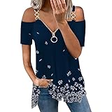 GoldPang Tops Tunika Damen Kurzarm Schulterfrei Kette Hosenträger Reißverschluss V-Ausschnitt T-Shirt Sommer Blumen Drucken Bluse Tops Pullover Shirts Oberteil lang