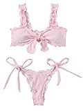 SheIn Damen Rüschen Bikini Top mit Krawatte Seite Panty 2 Stück Badeanzug Badeanzüge - Pink - M