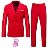 YND Herren Slim Fit zweiteiliger Anzug, zweireihig solide Jacke Hose Set mit Krawatte - Rot - XX-Larg