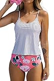 Beachsissi Damen Zweiteiler Swimsiuts Nettes Mädchen Blumenstreifen Gedruckt Bademode Hoch taillierte Tankini-Sets, Blumen, M