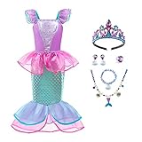 IBAKOM Kinder Mädchen Meerjungfrau Kostüm Prinzessin Ariel Kleid Ärmellos Halloween Karneval Weihnachten Cosplay Verkleidung Geburtstag Urlaub Fest Party Outfits mit Zubehör Rose Rot 7-8 J