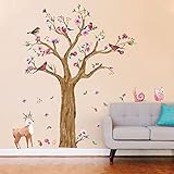 WandSticker4U®- XXL Wandtattoo Kinderzimmer GROSSER Aquarell BAUM in Braun I Wandbild: 145x170 cm I Wandsticker Mädchen Junge Blumen Wald-tiere Reh Eule I Wand Aufkleber Baby-zimmer Dek