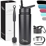Milu Edelstahl Trinkflasche 500ml, 750ml, 1000ml (+3 Deckel) - Thermosflasche mit Strohhalm, Isolierte Wasserflasche, Auslaufsichere Isolierflasche doppelwandig, Kohlensäure geeignet (Schwarz, 500ml)