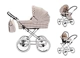 Friedrich Hugo Natureline Checked | 3 in 1 Kombi Kinderwagen Komplettset | Öko Nostalgie Kinderwagen | Farbe: Claudette S