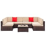 GALER Rattan Möbel Gartenmöbel 7-teiliges modulares Sofa aus Rattan in Braun (4 Einzelsofas + 2 Ecksofas + EIN Couchtisch)