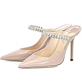 JiaBinji Damen High Heels Sandalen Pantoletten Strass Riemen 5,1 cm Stiletto Spitze Zehe Slip On Sandalen Handgefertigte Rückenfrei Sommer Brautkleid Schuhe, Hautfarben, 10 cm., 43 EU