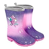 PERLETTI Kinder Einhorn Gummistiefel Rosa mit Glitzern - Wasserdichte Regen Stiefel Regenstiefel mit Rutschfeste Sohle und Silber Rand Reflektierend - Unicorn Stiefeletten Mädchen (Lila, 24/25 EU)