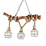 AUNEVN Vintage Industrie Hängeleuchte Holz Hanfseil Pendelleuchte Eisen Käfig Lampenshirm Kronleuchter Höhenverstellbar Retro E27 Hängelampe Innen Dcken Beleuchtung für Bar Esszimmer Wohnzimmer Kü