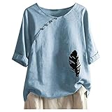 Masrin Damen Tops Vintage Baumwolle Leinen Pullover Sommer Löwenzahn Katze gedruckt T-Shirt Plus Size O-Ausschnitt Kurzarm Lose Tunika Knöpfe Bluse(L,Z2 Himmelblau)
