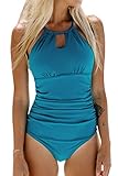 CUPSHE Damen Badeanzug mit Zierausschnitt Raffung Bauchweg Strandmode High Neck Einteilige Bademode Swimsuit Türkis M