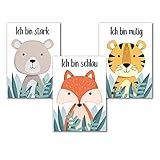 Positiv-Kind® Tierische Affirmationsbilder | 3 Bilder Kinderzimmer Babyzimmer Set | A4 Deko Poster Kinder Mädchen Junge | Bär Fuchs Tiger Tiere und Motivationssprü