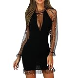 Kolylong® Damen Elegant Pailletten Kleid V-Ausschnitt Langarm Spitzenkleid Sexy Slim fit Abendkleid Partykleid Mode Minikleid Einfarbige Shortkleid Ballkleid Festkleid Kurz Ballk
