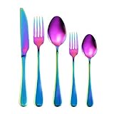 OBR KING Edelstahl-Besteck-Set, spiegelpoliertes Regenbogen-Besteck-Set, 5-teilig, 18/0 Tafelbesteck inkl. Tafelmesser, Abendessen und Salatgabeln, Suppen- und Dessertlöffel, spü