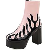 QUNHU Damen Knöchelstiefel Seiten Reißverschluss Flammenmuster Chunky Ferse Platform High Heels Keilkampfstiefel (Color : Pink, Size : 37 EU)
