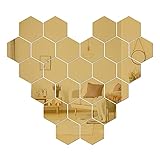 Spiegel Wandaufkleber, LYGZTing 24 Seiten Abnehmbare Wandschmuck Spiegelaufkleber DIY Acryl Wanddekor Spiegelfliesen Hexagon Spiegel Wohnzimmer Schlafzimmer Dekoration(Gold)