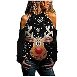 Weihnachtspullover Damen Weihnachten Pullover Schneeflocke Muster Weihnachtspulli Rentier und Schnee Drucken Langarm Schulterfrei Christmas Sweatshirt Vintage Xmas Langarmshirt Weihnachts Ob