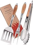 Grilluxe® Premium Grillbesteck Set, 3-teilig | Deluxe BBQ Tool Set | Akazienholz + Edelstahl | Extra lang | Grillzange + Grillwender + Fleischgabel | Grills und Backöfen | Integrierter Flaschenö