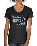 Comedy Shirts - Die mit den Hunden geht - Damen V-Neck T-Shirt - Schwarz/Eisblau-Rosa Gr. M