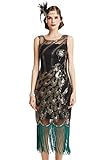 BABEYOND 1920s Kleid Damen Pfau Muster Flapper Charleston Kleid mit Fransen Great Gatsby 20er Jahre Cocktail Kleider Damen Fasching Kostüm Kleid (SchwarzGrün-XXL)