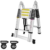 YUENFONG Teleskopleiter 5m Alu klappleiter, Klappbar Rutschfester Aluleiter Mehrzweckleiter Sprossenleiter Faltbar Schiebeleiter, max 150 kg Belastbarkeit (2,5+2,5M)