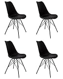 SAM 4er Set Schalenstuhl Lerche, schwarz, integriertes Kunstleder-Sitzkissen, Schwarze Metallfüße, Esszimmerstuhl im skandinavischen S