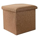 Leinen Sitzhocker, Faltbar Fußbank Aufbewahrungsbox SitzWürfel Platzsparend Fußhocker mit Deckel Sitztruhe Passend für Schlafzimmer Wohnzimmer-Braun-38x38x38cm (15x15x15 Zoll)