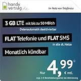 handyvertrag.de LTE All 3 GB - monatlich kündbar (Flat Internet 3 GB LTE mit max. 50 MBit/s mit deaktivierbarer Datenautomatik, Flat Telefonie, Flat SMS und EU-Ausland, 4,99 Euro/Monat)