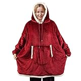 Sherpa Hoodie Sweatshirt Decke Übergroße Fronttasche Giant Plüsch Pullover mit Kapuze Gemütlich Bequem for Erwachsene Männer Frauen,Rot,Einheitsgröß