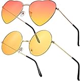 2 Paare Hippie Sonnenbrillen Retro Hippie Stil Sonnenbrillen Hippie Kostüm Sonnenbrillen Herren Damen Brillen (Orange Rund/ Herz Form)