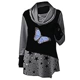 Schmetterling Drucken Rollkragen Oberteile Lang Tunika Tops Damen Turtleneck Vintage Langarmshirt Herbst Winter Langarm Colorblock Longshirt Tartan Winterpullover Colorblock Unregelmäßig Sw